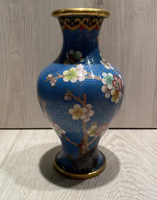 Vintage Chinese Cloisonné Blue Ming Vase  Cherry Blossom 6” • $20