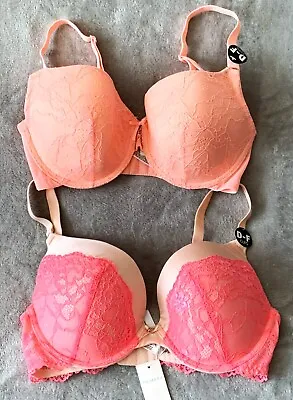£5.99 • Buy 2 X PRIMARK 34DD Padded PLUNGE BRAS Underwired APRICOT/CORAL Bnwt