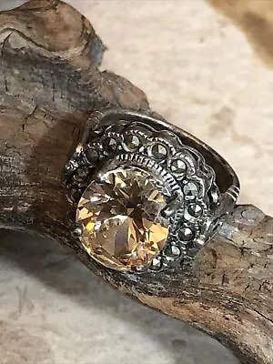 Vintage 925 Sterling Silver Citrine Or CZ Marcasite Stone Filigree Ring  6s6.9g • $54.99