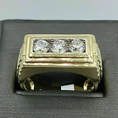 2Ct 3-Stone Natural Moissanite Yellow Plated Silver Men's Wedding Band Ring • $176.98