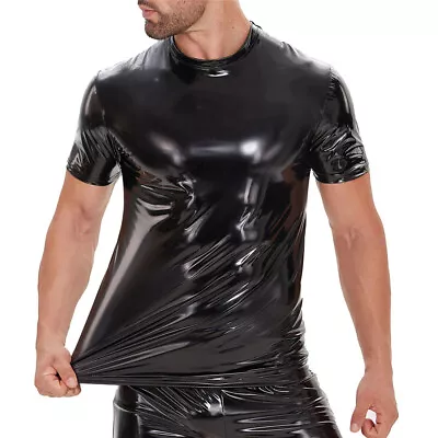 Mens PU Leather T-Shirts Short Sleeve Shiny Tees Tops Dance Clubwear PVC Wetlook • £18.54