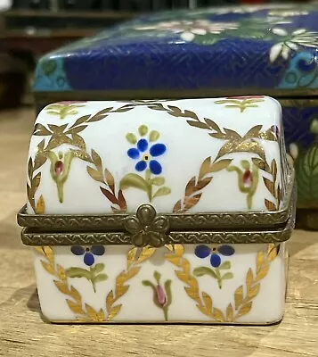 Vintage Limoges Hand Painted Porcelain Pill Box-flower Motif -Gilt Metal • £25