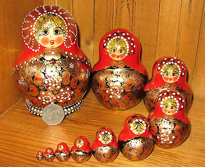 Russian Matryoshka Nesting Dolls Babushka Beautiful 10 RED BLACK GOLD Aymasova • $70.25