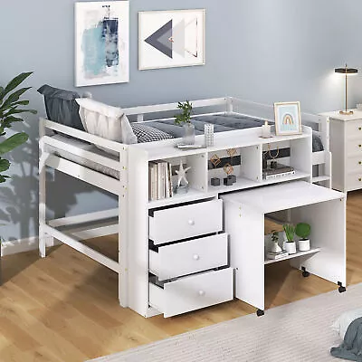 Full Size Low Loft Bed Frame With Rolling Portable Desk /Drawers /Shelves White • $648.99