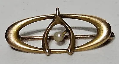 Vintage 10K Yellow Gold Wishbone Seed Pearl Brooch • $82.99