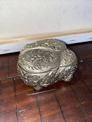 Vintage Japan Jewelry Trinket Box Embossed Floral Silver Plated Footed 3x2.5x1.5 • $15.99