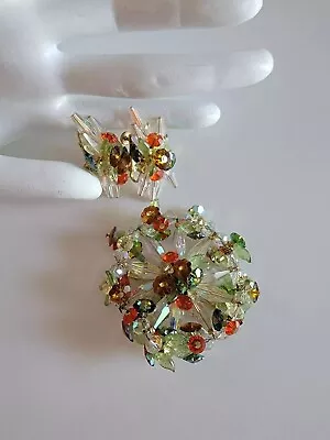 Vintage 1960s VENDOME SET Demi Set Flower Crystal Glass Beads Pin & Earrings • $124.99