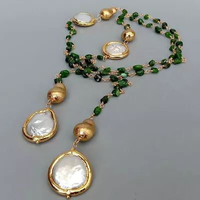 Natural Green Diopside Cultured White Coin Pearl Long Necklace 41  • $28.50