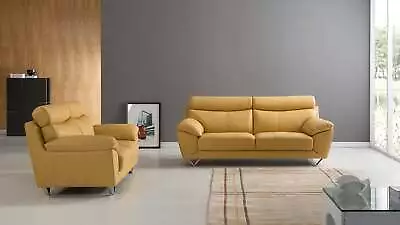 2PC Yellow Modern Contemporary Top Grain Leather Sofa Loveseat Set • $3499