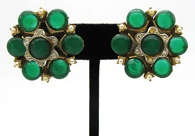 Vintage HAR Green Lucite Cabochon Faux Pearl Rhinestone Gold Tone Clip Earrings • $42