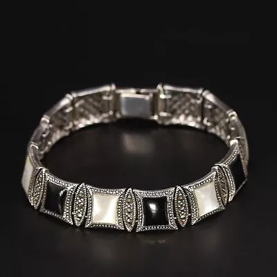 Sterling Silver - DESIGNER CFJ Onyx White MOP & Marcasite 7  Bracelet - 32g • $6.50