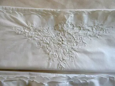 Pristine White Pair (2) Embroidered Standard Size Pillowcases Apx 19 X32 . • $29