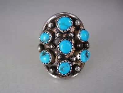 VINTAGE NAVAJO STERLING SILVER & 7 BLUE TURQUOISE CLUSTER RING Size 8 Signed • $1