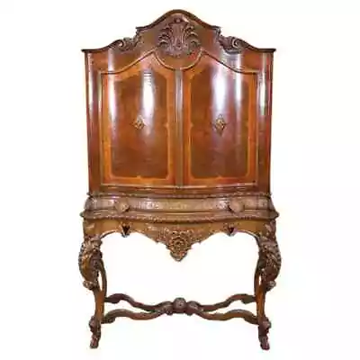 Tall Inlaid Carved Walnut French Louis XV China Cabinet Bar Circa 1920 • $1996