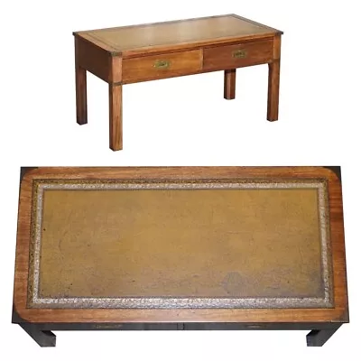 Harrods London Kennedy Military Campaign Coffee Table With Brown Leather Top • $1182.32