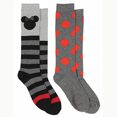 2 PAIR Disney Minnie Women Knee High Socks Black Gray Red Striped Polka Dot 9-11 • $9.95