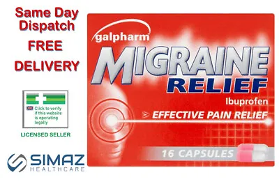 16 Gal Migraine Relief Pain Headache 200MG Capsules FAST DISPATCH MAX 2 PACKS • £3.45