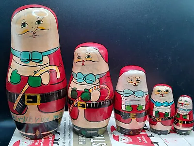 Vintage Russian Nesting Doll Santa Claus Father Christmas Wooden Set Of 5 Kitsch • £15