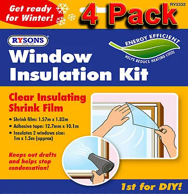 £9.99 • Buy 4x WINDOW INSULATION KIT Double Glazing Shrink Film Draught Excluder Cold Clear