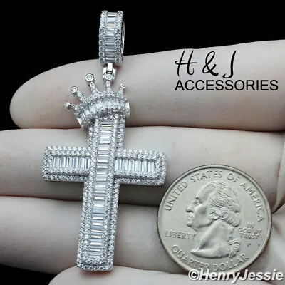 Men Solid 925 Sterling Silver Icy Bling Cz Silver Crown Cross Pendant*asp287 • $55.99
