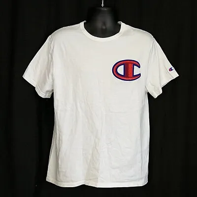 Vintage Champion Mens Sz L T Shirt White Embroidered Logo Short Sleeve Crew Neck • $12