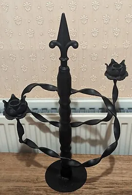 Vintage Black Wrought Iron Swirl With Roses 2 Candle Candlestick Centre Piece • £32