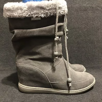 Skechers Womens Skch+3 Hidden Wedge Ankle Boots Gray Suede Faux Fur Size 7.5 • $24.99