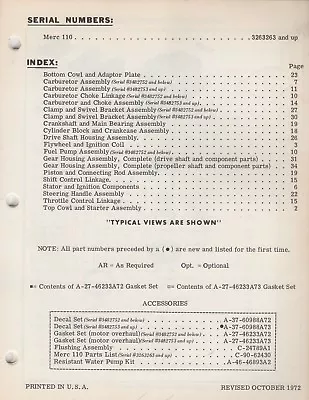 Oct.1972 Mercury Outboard Merc 110 Parts Manual (510) • $26.98