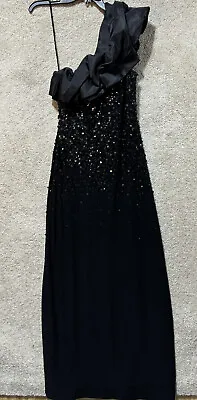 Mignon Maxi Gown Dress Women's 6 Black One Puff Shoulder Sequined Sheath Stretch • $87.49