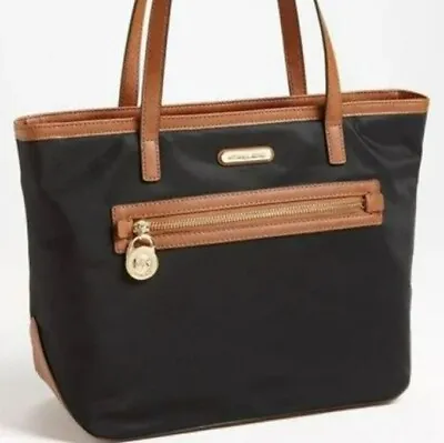 Michael Kors Black Nylon Brown Leather 'Kempton' Tote Shoulder Bag Handbag Purse • $35.87