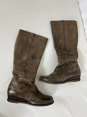 Women's Miz Mooz Leather Tall Boots Portia Brown Button Wedge Victorian 6 • $34.90