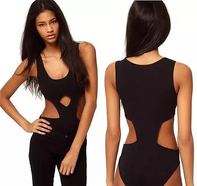 £11.99 • Buy Womens Ladies Black Cut* Out One Piece Party Stretch Bodysuit Leotard Top 6 8 10