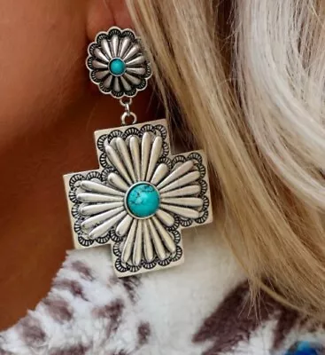 Vintage Chunky Cross Flower Dangle Earrings Retro Silver Plated Female Jewelry • $2.16