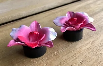 PAIR Pink Magnolia Leather Flower Plugs Tunnels Gauges Earlets Body Jewelry • $18.95