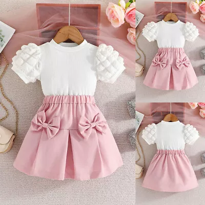 2Pcs Kids Girls Summer Clothes Holiday Puff Sleeve Tops Bow Skirts Dress Set UK • £8.69