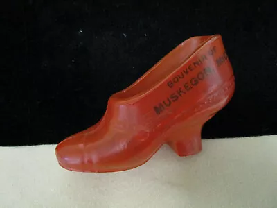 Muskegon Michigan Souvenir Glass Shoe   Bottom Tagged 1934  Orange/red Flashed • $16