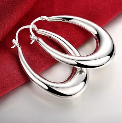 Women's 925 Sterling Silver Elegant 47mm Large Oval Hoop Pierced Earrings • $9.99