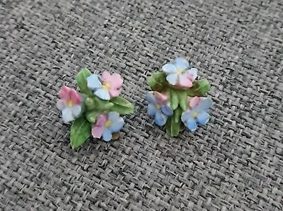 50s 60s Vintage Blue Floral Bone China Clip On Earrings Forget Me Not Flowers • £8