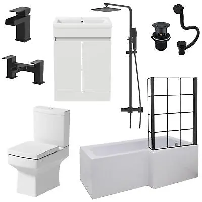 Complete Bathroom Suite Black 1700 L Shape RH Bath Screen Vanity WC Shower Taps • £844.51