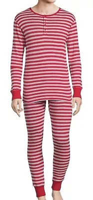 New Mens HANES Long John Underwear Set Striped Holiday Shirt Pants Large • $13.99