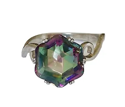 Stunning Hexagon Cut Mystic Topaz Solitaire Sterling Silver Ring Size 6 • $39.99