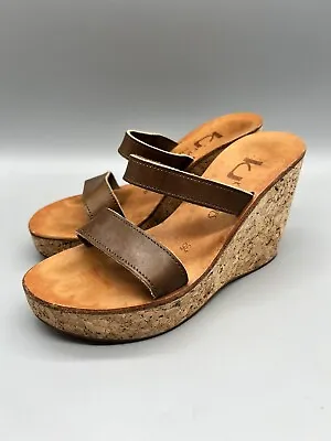 K Jacques Brown Double Strap Women's Cork Wedge Slip On Sandals Size 36 US 6 • $63.39