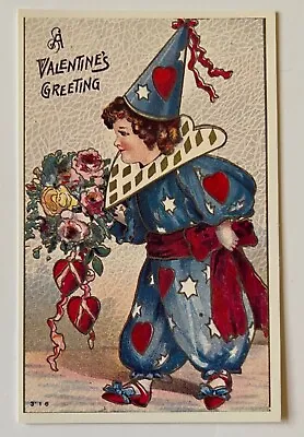 Vintage A Valentiine's Greeting Postcard Boy Harlequin Clown Bouquet Flowers • $4.95