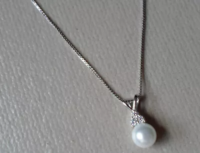 QVC Diamonique Cz Sterling/Platinum Clad Pearl & Pave' Pendant/18  Box Chain • $26.99