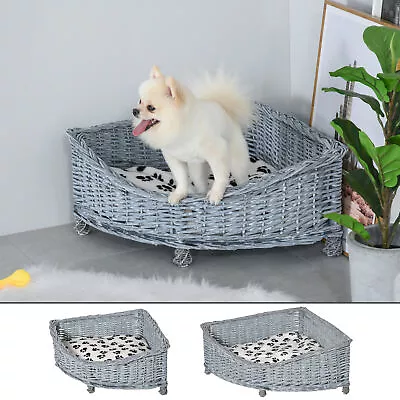 £35.99 • Buy Wicker Dog Corner Basket Pet Bed Sofa Couch W/ Soft Plush Cushion Elevated Base