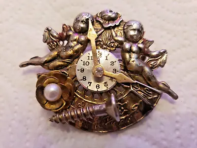 Vintage 1960s Steampunk Cherub Clockworks Metal Brooch With Pearl Rhinestone • $31.99