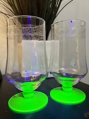 Lot Of 2 Vtg Uranium Glass Base Drink Glasses Greek Design Exellnt Condition • $17.99