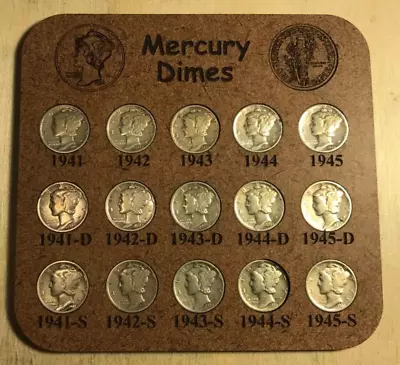 Complete Set 1941-1945 Mercury Silver Dimes 15 Coins Total Custom MDF Holder • $69