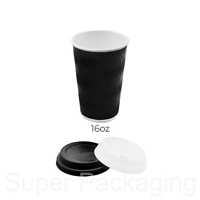 Disposable Coffee Cups Paper Cups Black - Rippled Hot Drink - With/Without Lids • £134.99