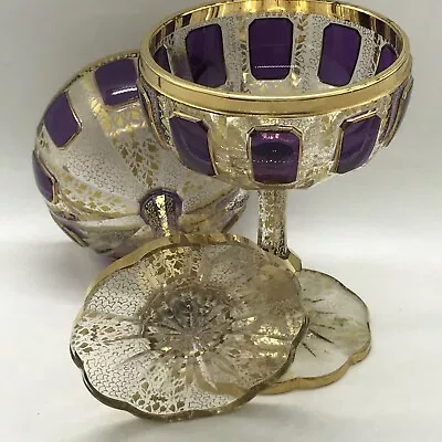 Antique 1910 MOSER Gold & Amethyst Cabochon  Panels Pair Champagne Goblets • $279.99